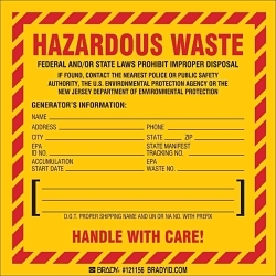 Brady 121156 Non-Reflective Self-Adhesive Square Hazardous Waste Label
