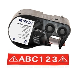 Brady M4C-1000-595-RD-WT General Permanent Adhesive, 25 ft L x 1 in W, White on Red, B-595 Vinyl