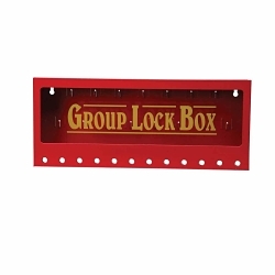 Brady 105715 Empty Large Lock Box, 12 Padlocks, Sliding Acrylic Door, Yellow on Red, 7 in H x 16 in W x 2-1/4 in D, Wall Mount, 15 Key Hooks