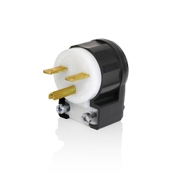 Leviton 5666-CA Angled Cable Mount Grounding Straight Blade Plug, 250 V AC, 15 A, 2 Poles, 3 Wires, Black/White