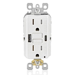 LEVITON GUAC1-W GUAC Charger Outlet, 125 VAC, 15 A, 2 Poles, 5 Wires, White