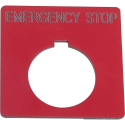 Schneider Electric Harmony Legend Plate, Series: 9001K, Square Plate Shape, EMERGENCY STOP Legend, Black Legend, 2-1/4 in Height, 2-1/4 in Width, Plastic, Red Field