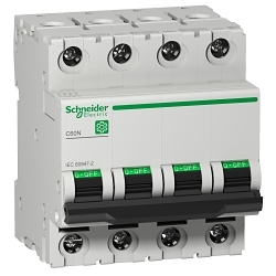 Schneider Electric M9F12416, Miniature Circuit-Breaker, C60N Series, 240 to 440 VAC, 16 A, 50/60 Hz Frequency, 10 to 40 kA Interrupt, Thermal Magnetic Trip, 12 x In +/- 20 % AC,17 x In +/- 20 % DC Trip, 4 Pole, Toggle Actuator, Tunnel Terminal Connection, IP20/IP40 Enclosure, DIN Rail Mounting, -22 to 158 deg F, 3.19 in H x 2.83 in W x 2.83 in D Dimensions, Gray