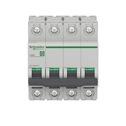 Schneider Electric M9F11463, Miniature Circuit-Breaker, C60N Series, 240 to 440 VAC, 63 A, 50/60 Hz Frequency, 10 to 40 kA Interrupt, Thermal Magnetic Trip, 8.5 x In +/- 20 % AC,12 x In +/- 20 % DC Trip, 4 Pole, Toggle Actuator, Tunnel Terminal Connection, IP20/IP40 Enclosure, DIN Rail Mounting, -22 to 158 deg F, 3.19 in H x 2.83 in W x 2.83 in D Dimensions, Gray