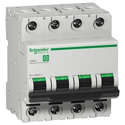 Schneider Electric M9F14406, Miniature Circuit-Breaker, C60H Series, 240 to 440 VAC, 6 A, 50/60 Hz Frequency, 30 to 50 kA Interrupt, Thermal Magnetic Trip, 8.5 x In +/- 20 % AC,12 x In +/- 20 % DC Trip, 4 Pole, Toggle Actuator, Tunnel Terminal Connection, IP20/IP40 Enclosure, DIN Rail Mounting, -22 to 158 deg F, 3.19 in H x 2.83 in W x 2.83 in D Dimensions, Gray