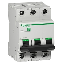 Schneider Electric M9F17301, Miniature Circuit-Breaker, C60L Series, 240 to 440 VAC, 1 A, 50/60 Hz Frequency, 50 to 20 kA Interrupt, Thermal Magnetic Trip, 8.5 x In +/- 20 % AC,12 x In +/- 20 % DC Trip, 3 Pole, Toggle Actuator, Tunnel Terminal Connection, IP20/IP40 Enclosure, DIN Rail Mounting, -22 to 158 deg F, 3.19 in H x 2.13 in W x 2.83 in D Dimensions, Gray