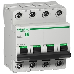 Schneider Electric M9F17416, Miniature Circuit-Breaker, C60L Series, 240 to 440 VAC, 16 A, 50/60 Hz Frequency, 50 to 60 kA Interrupt, Thermal Magnetic Trip, 8.5 x In +/- 20 % AC,12 x In +/- 20 % DC Trip, 4 Pole, Toggle Actuator, Tunnel Terminal Connection, IP20/IP40 Enclosure, DIN Rail Mounting, -22 to 158 deg F, 3.19 in H x 2.83 in W x 2.83 in D Dimensions, Gray