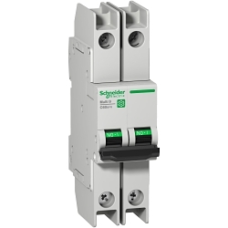 Schneider Electric Square D Miniature Circuit Breaker, Curve C, Series: Multi 9 C60N, 240/415/440 VAC, 60 VDC, 20 A, 50/60 Hz Frequency, 10 kA Interrupt, Thermal Magnetic Trip, 2 Pole, Toggle Actuator, Ring Tongue Connection, IP20/IP40 Enclosure, Clip-On/DIN Rail Mounting, -30 to 70 deg C, 36 mm W x 72 mm D x 127 mm H Dimensions, Gray