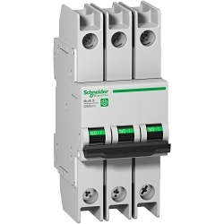 Schneider Electric Square D Miniature Circuit Breaker, Curve C, Series: Multi 9 C60N, 240/415/440 VAC, 60 VDC, 63 A, 50/60 Hz Frequency, 10 kA Interrupt, Thermal Magnetic Trip, 3 Poles, Toggle Actuator, Ring Tongue Connection, IP20/IP40 Enclosure, Clip-On/DIN Rail Mounting, -30 to 70 deg C, 54 mm W x 72 mm D x 127 mm H Dimensions, Gray