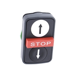 Schneider Electric ZB5AA71124, Momentary, ZB5 Series, 1.97 in H x 1.18 in W x 1.38 in D x 0.87 in Dia Size, Rectangular Shape, Red projecting Legend, Dark grey plastic, Black