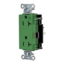 Hubbell HBL2182STGN EdgeConnect Straight Blade Receptacle, 125 V, 20 A, 2 Poles, 3 Wires, Green